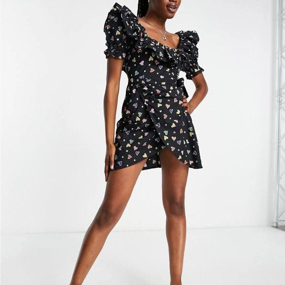 ASOS Design cotton ruffle wrap Mini Dress with Heart Pattern